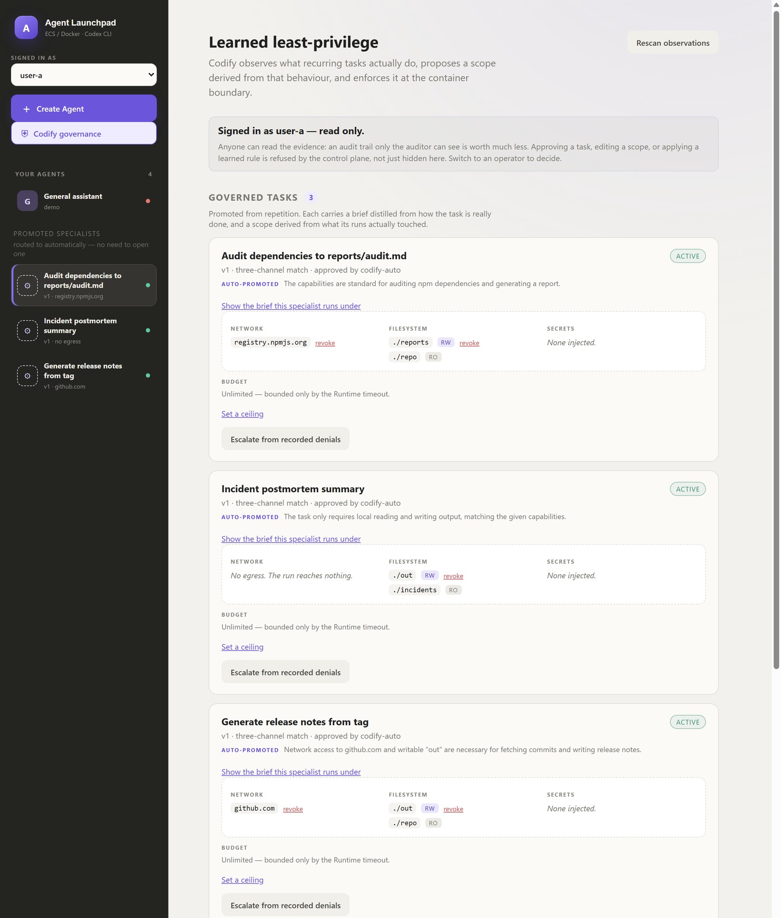 Codify governance console showing three auto-promoted specialists, each with network, filesystem and secret scopes